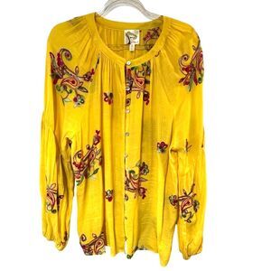 fig & flower Womens Embroidered Floral Peasant Top Sz L Boho Loose Flowy
